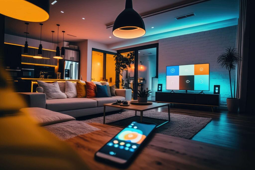 Expensive smart home with advanced technology in a modern environment with bright lighting. Generative AI